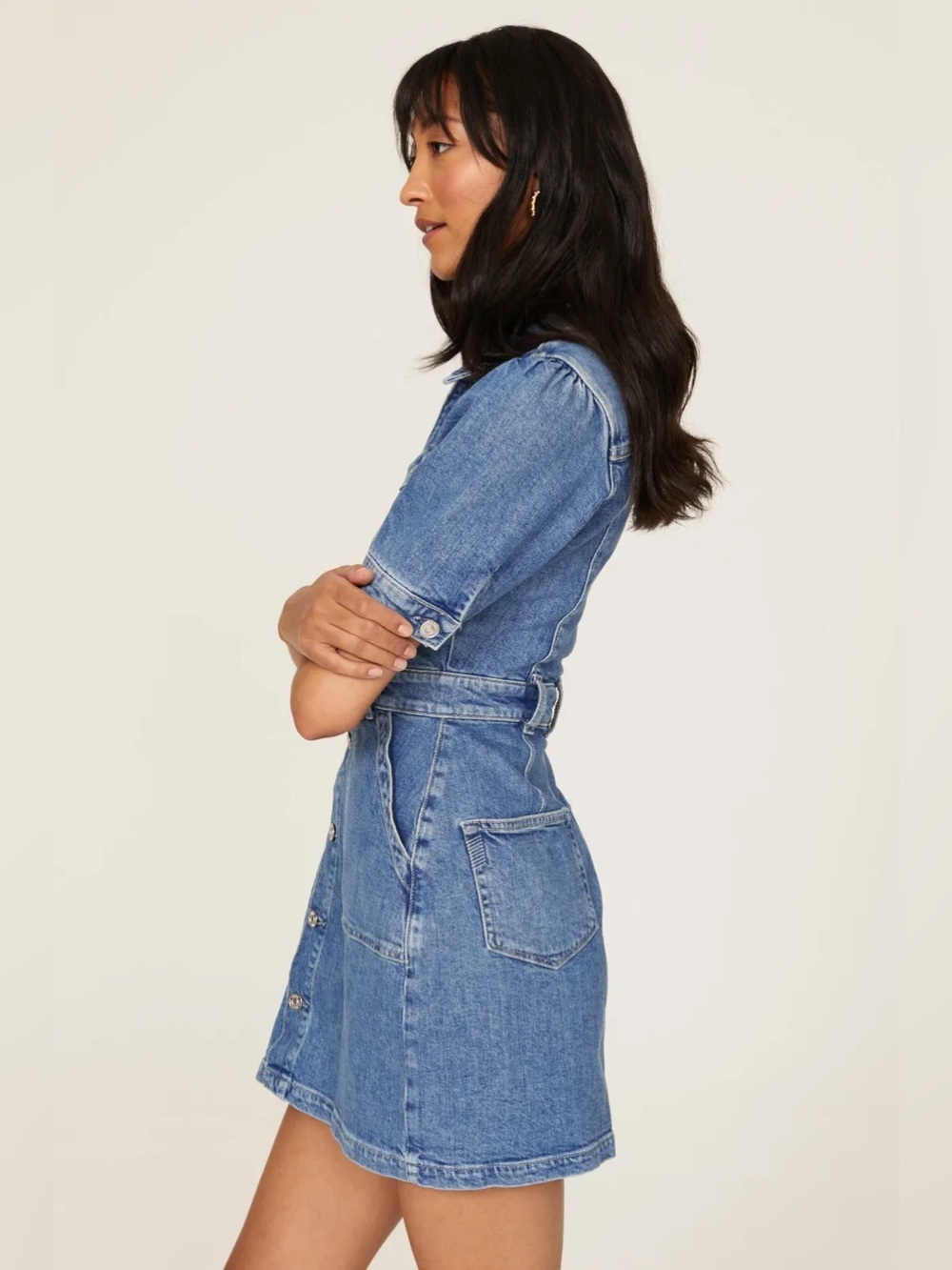 Paige x Anthropologie Mayslie Denim Button-Front Shirt Dress in Medium Blue - Picture 3 of 8